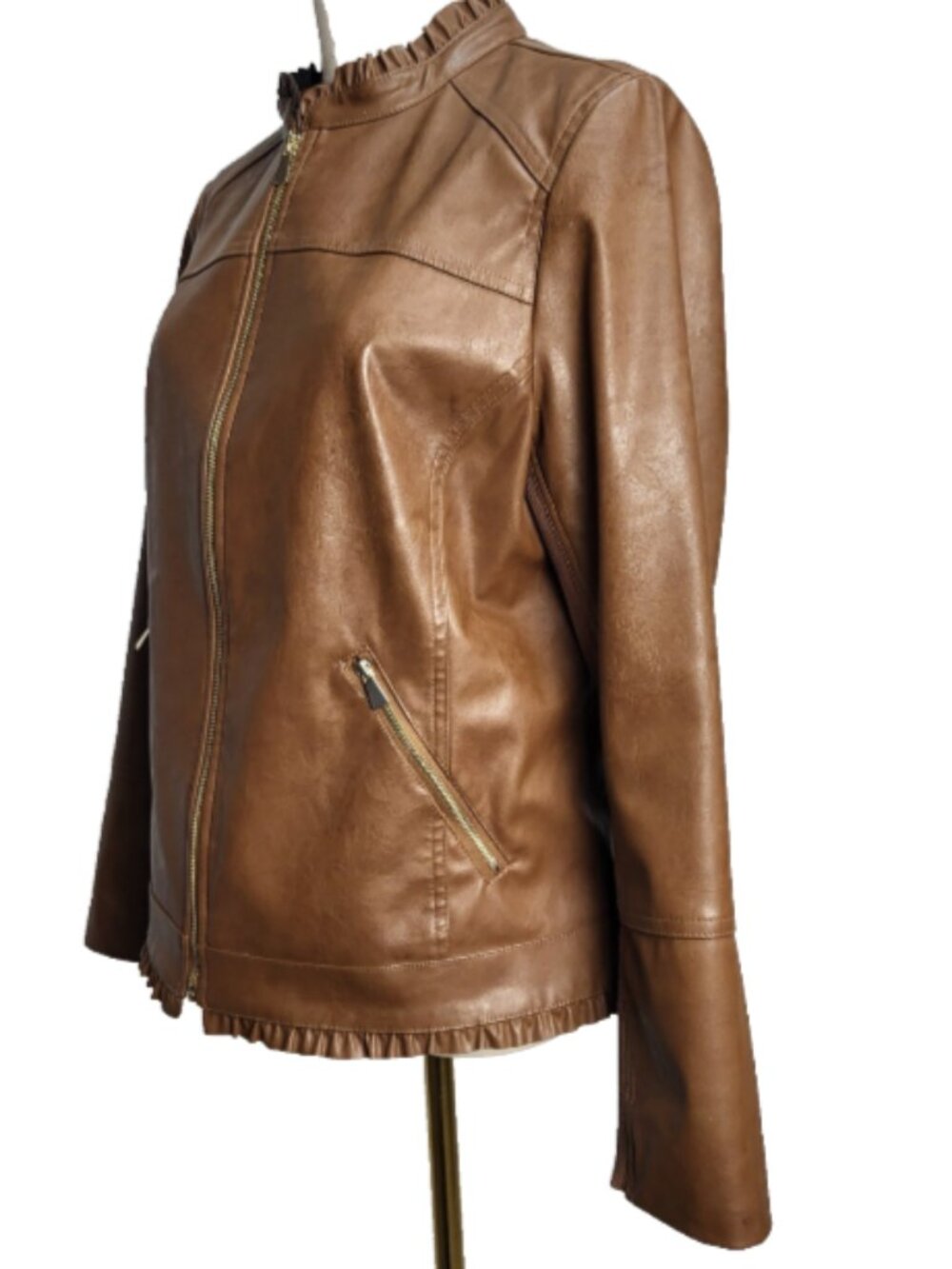 Chico's Size 1 (Reg. Med.) Tan Faux Leather Jacket Full Zip Lined Side Pockets - Picture 3 of 16
